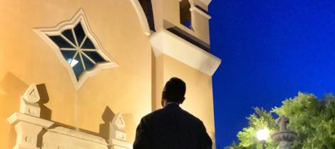 Standing in front of church 